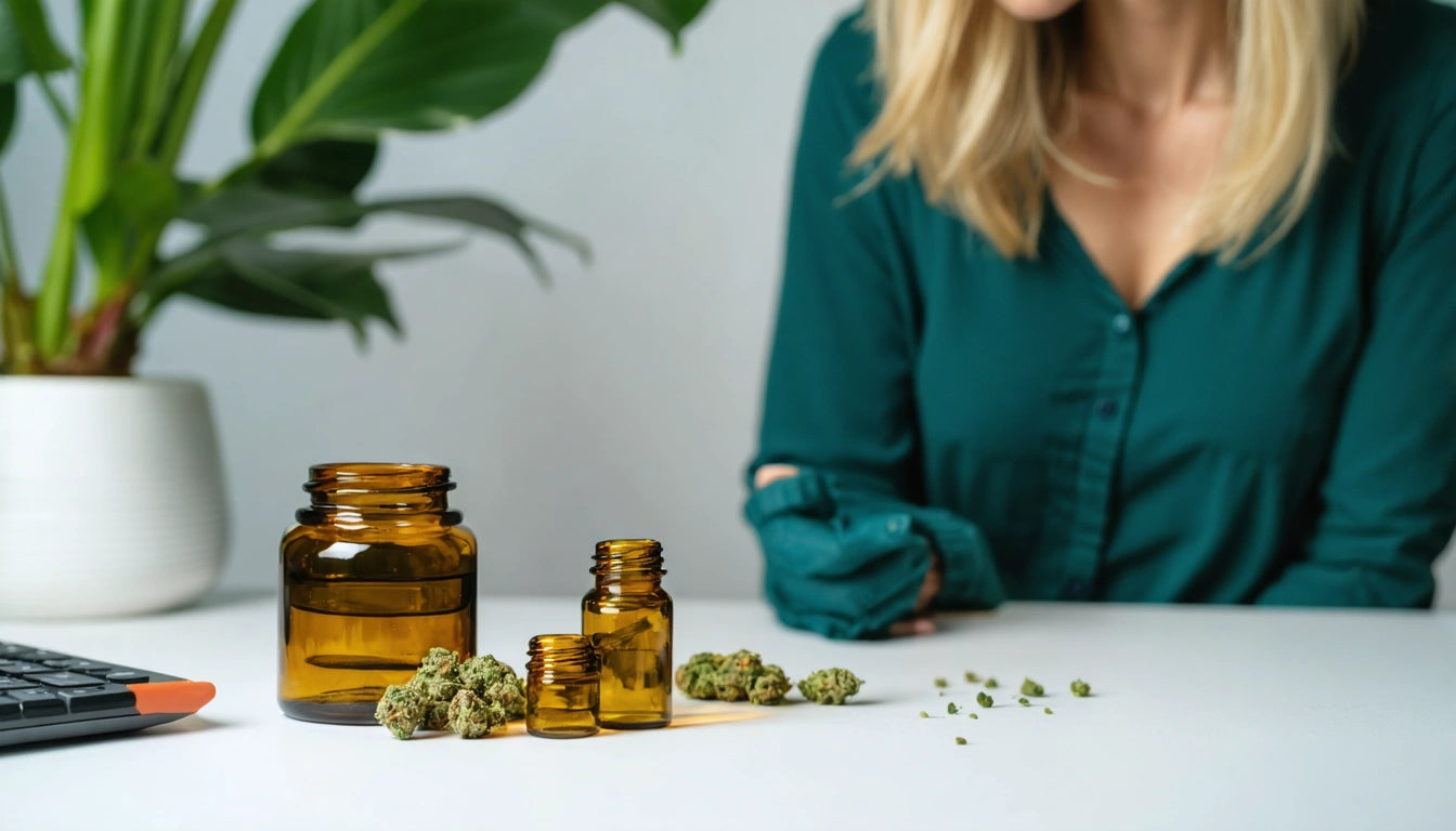 Three amber glass jars with green buds on a white table, next to a keyboard. A person in a green shirt is partially visible