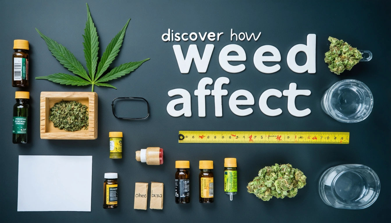 Various bottles, cannabis leaves, buds, a ruler, and glasses on a dark surface with text reading "discover how weed affect