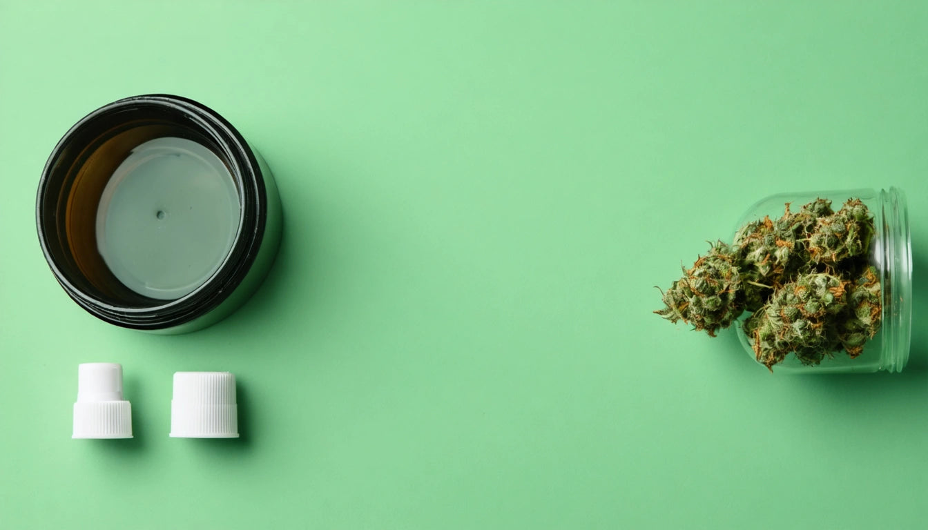 Open black jar with lid removed, white caps nearby, and glass jar with green buds on light green background