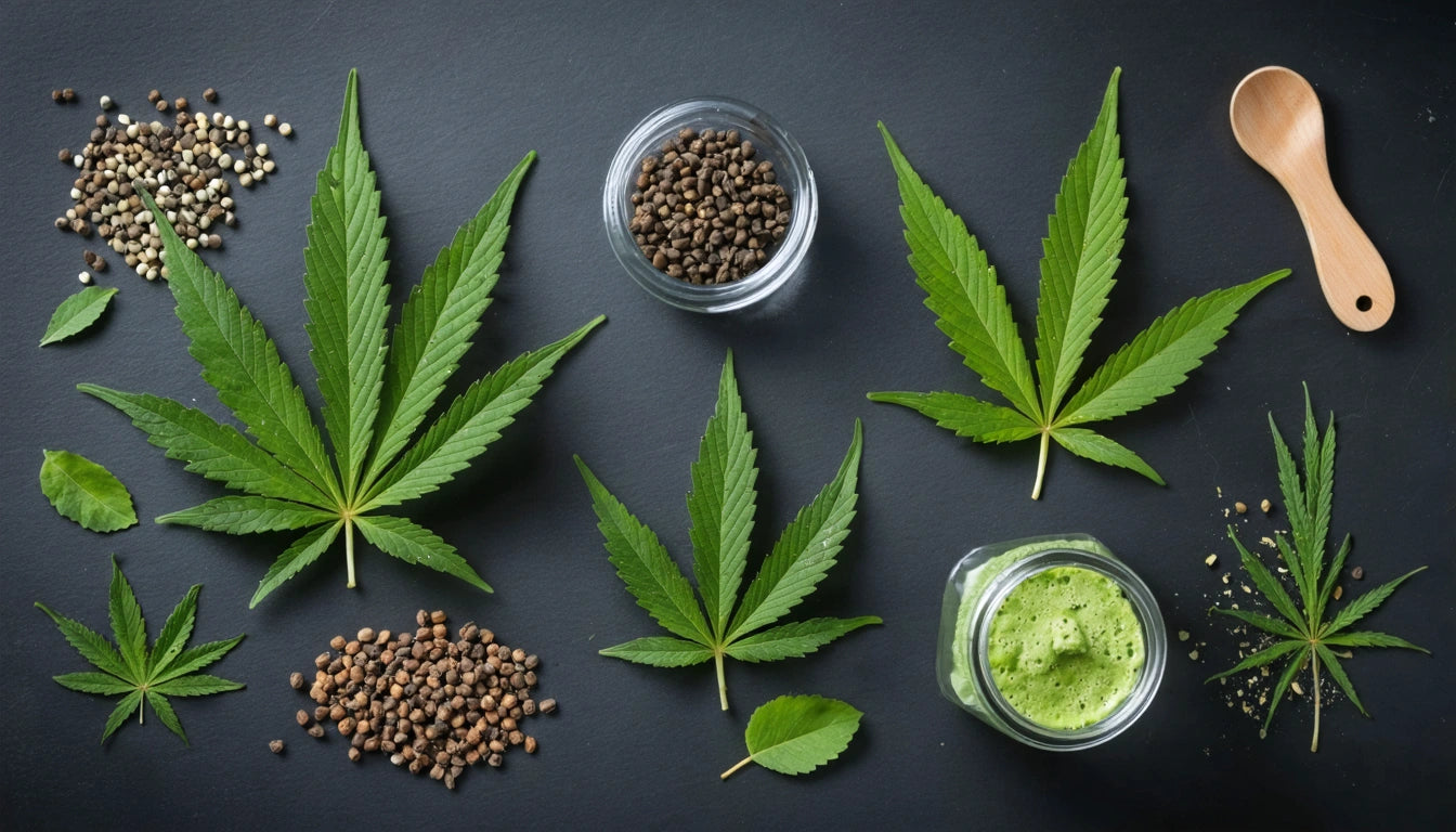 Green leaves, seeds, and a jar of green liquid on a dark surface, with a small wooden spoon nearby