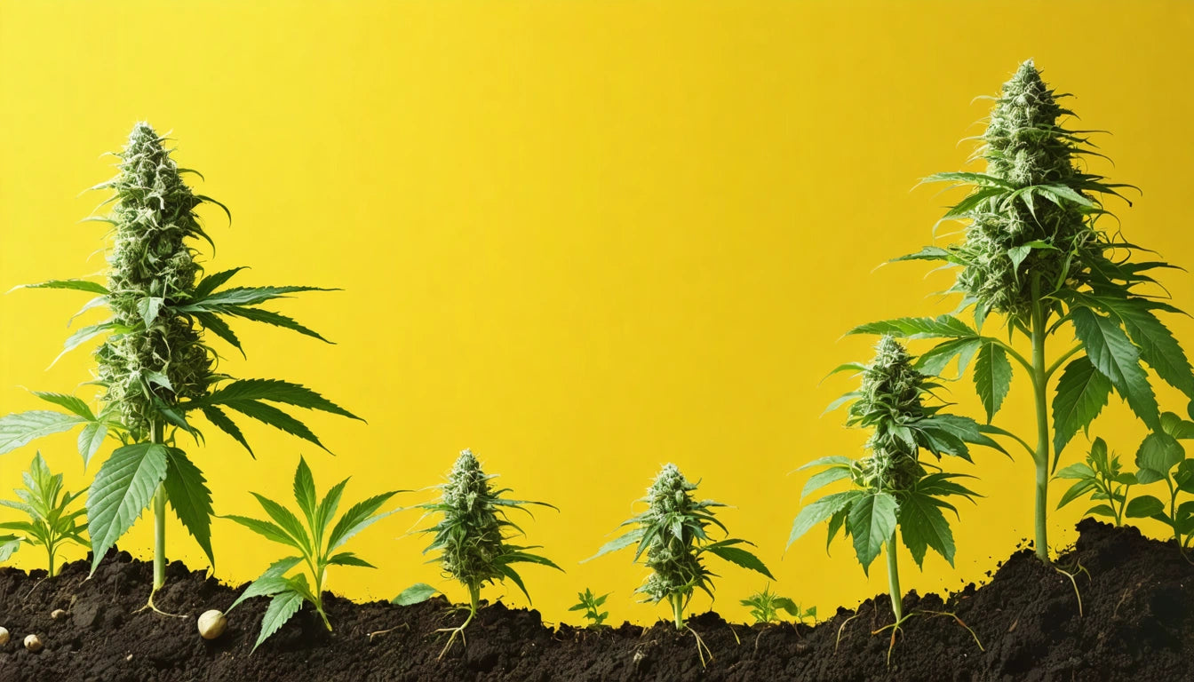 Five cannabis plants in soil against a bright yellow background