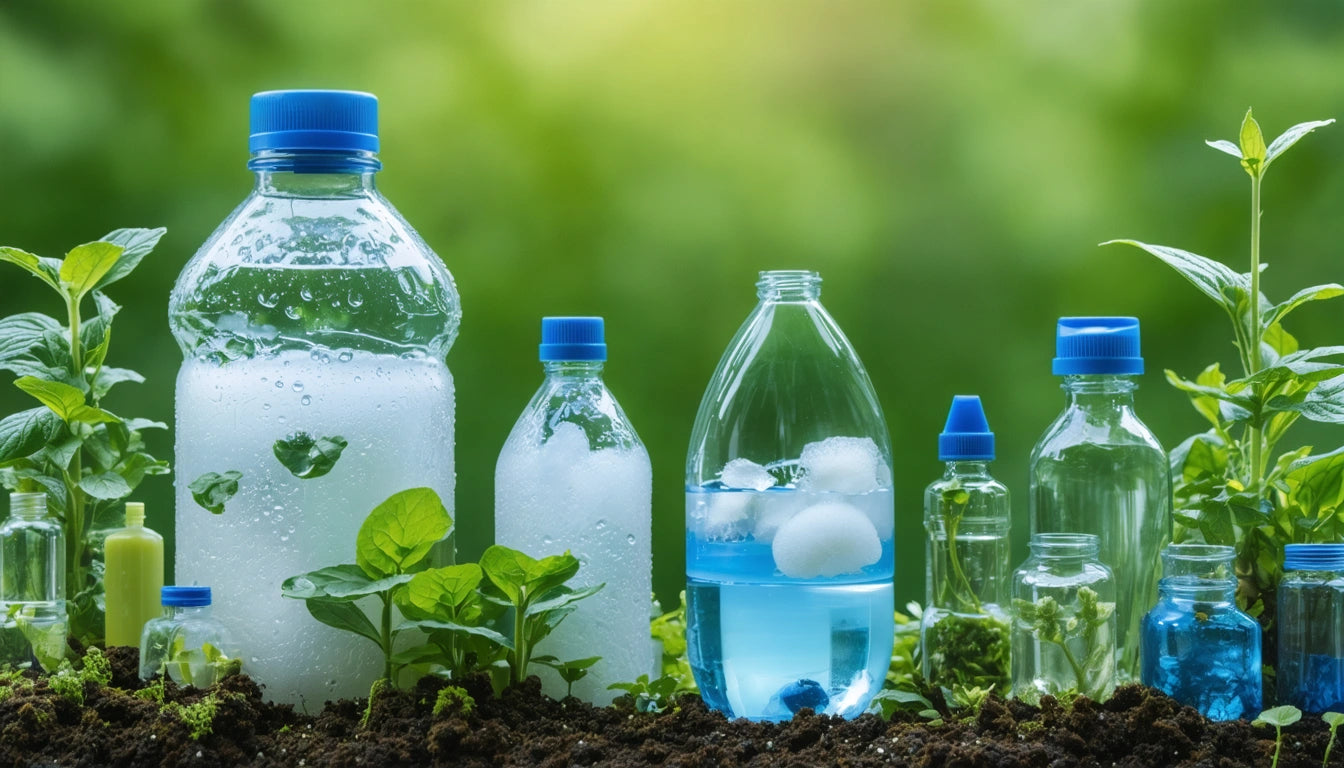 Plastic bottles with blue caps, some filled with liquid, surrounded by green plants and soil, blurred green background