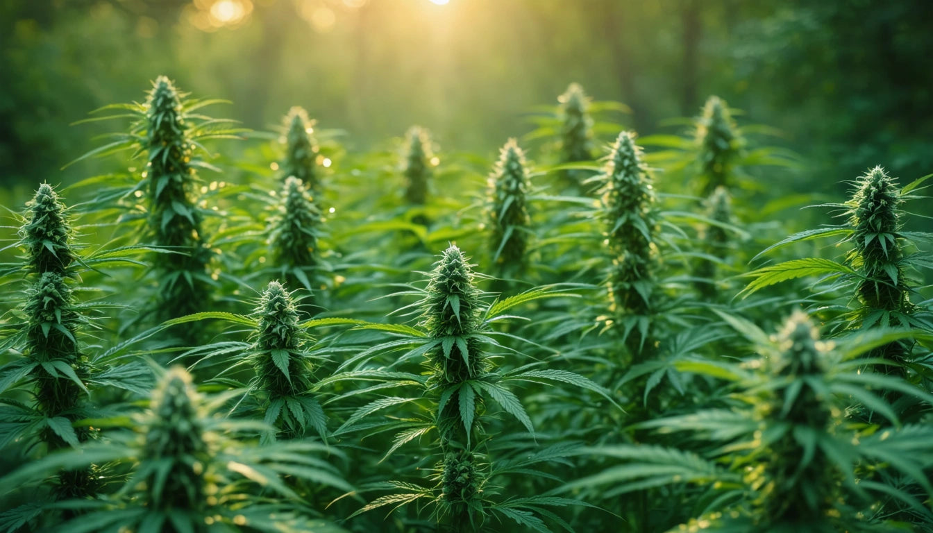 Sunlit field of tall, green plants with pointed leaves and dense clusters, surrounded by blurred trees in the background