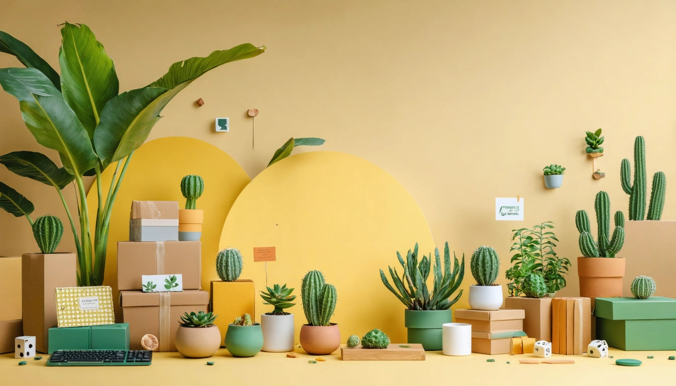 Potted cacti and plants on stacked boxes against a yellow wall, with a large green leaf on the left