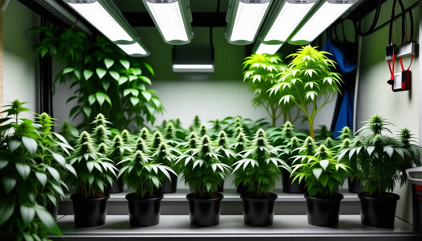Rows of potted plants with pointed leaves under bright overhead lights in an indoor setting