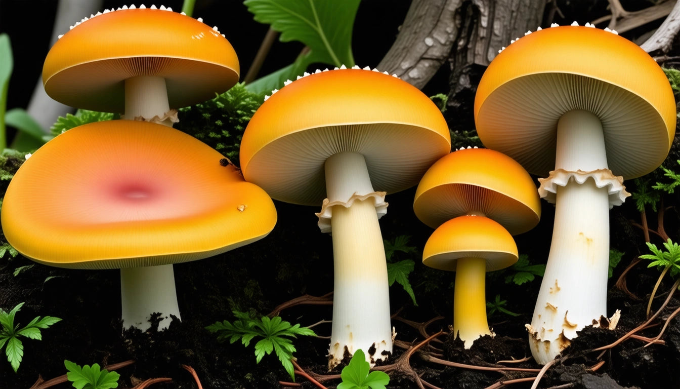 Orange mushrooms with white stems growing on dark soil, surrounded by green leaves and twigs