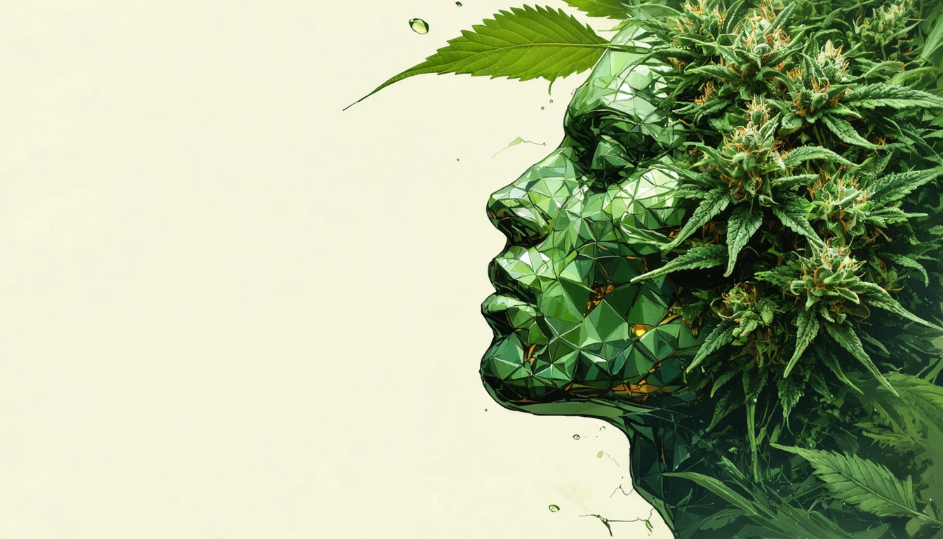 Profile of a face made from green geometric shapes, adorned with leaves and plants, against a light background