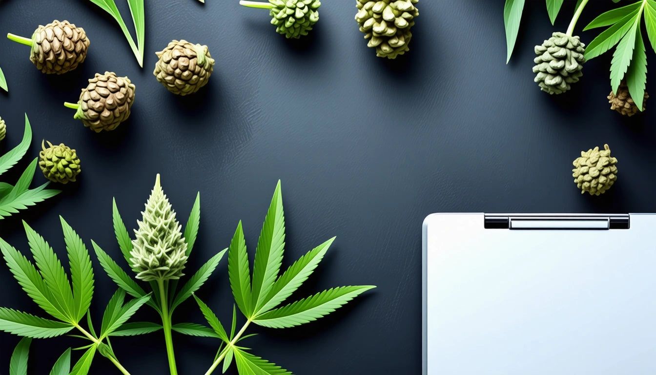 Green cannabis leaves and pine cones on dark surface, white laptop partially visible in bottom right corner