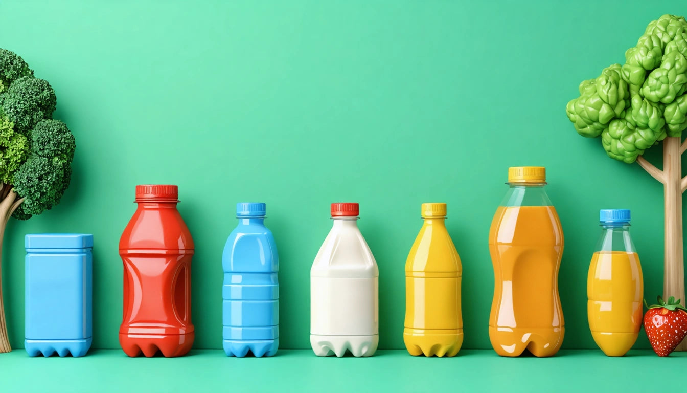 Colorful bottles in a row on a green background, flanked by broccoli-shaped trees