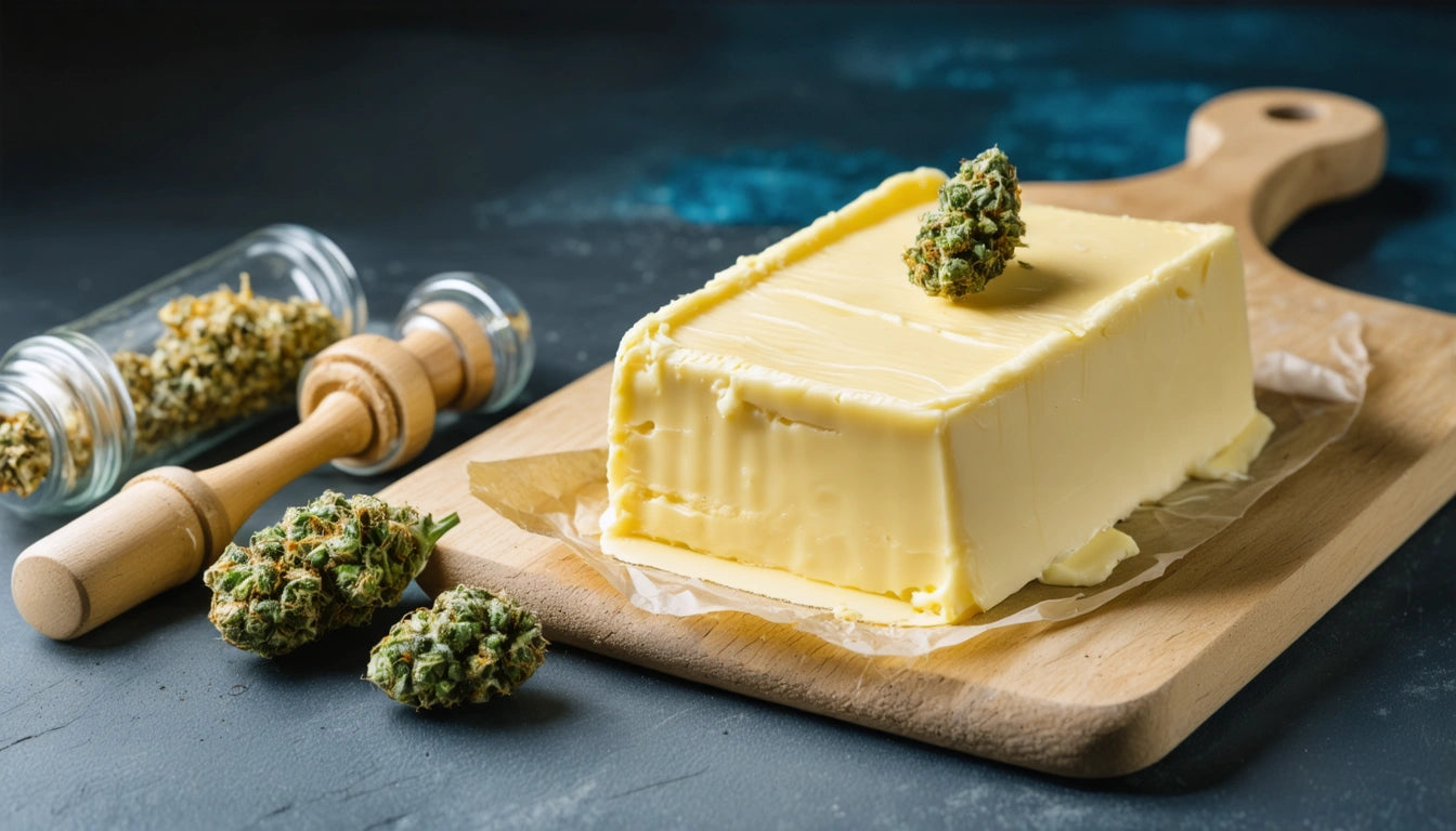 Block of butter on wooden board with cannabis buds on top and beside, glass jar and wooden grinder in background