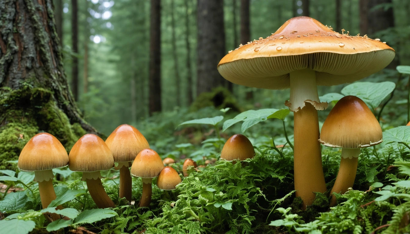 Cluster of orange mushrooms with smooth caps in a forest, surrounded by green moss and trees in the background