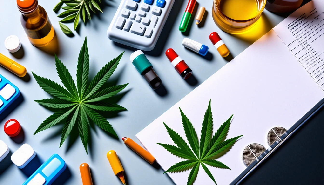 Calculator, pills, capsules, and cannabis leaves on a table with a clipboard, pen, and a glass of liquid