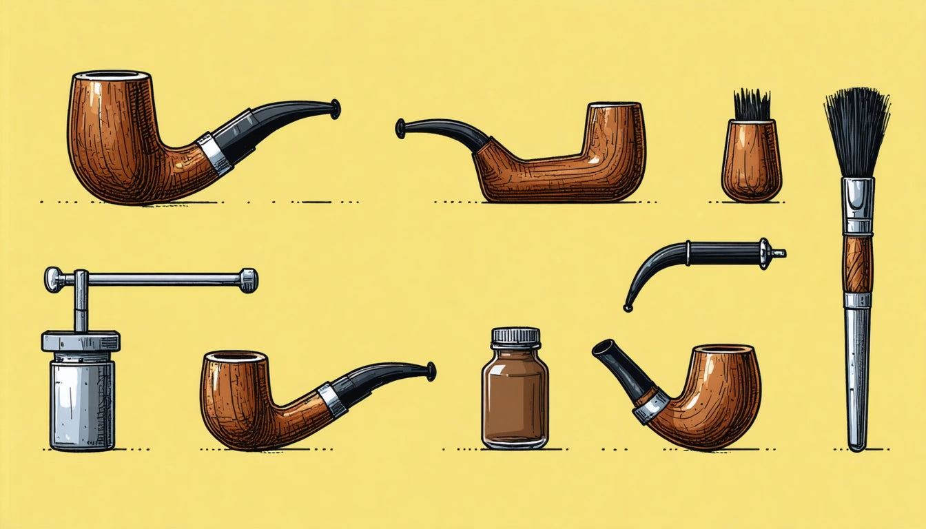Wooden smoking pipes, a cleaning brush, a metal tool, and a small brown bottle on a yellow background