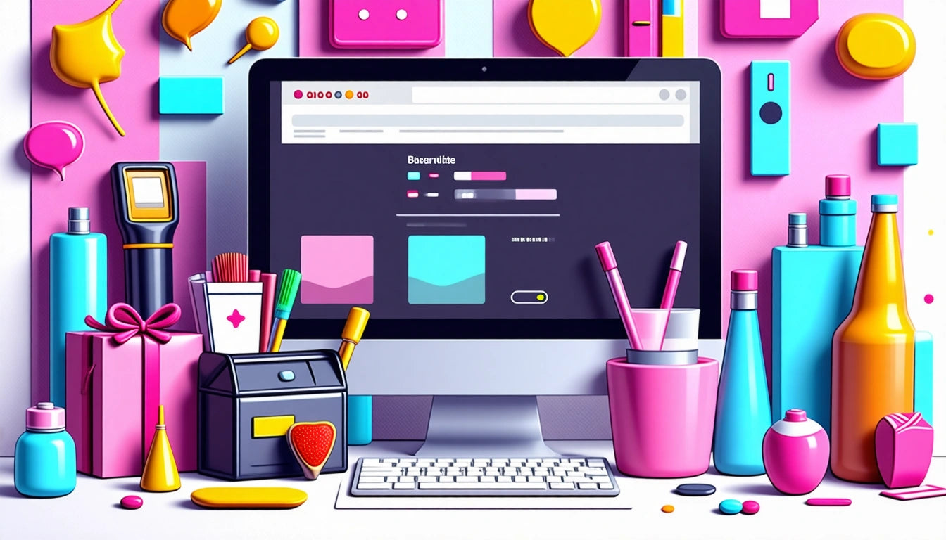 Computer monitor displaying colorful interface, surrounded by pens, brushes, and bottles on a desk with pink and blue decor