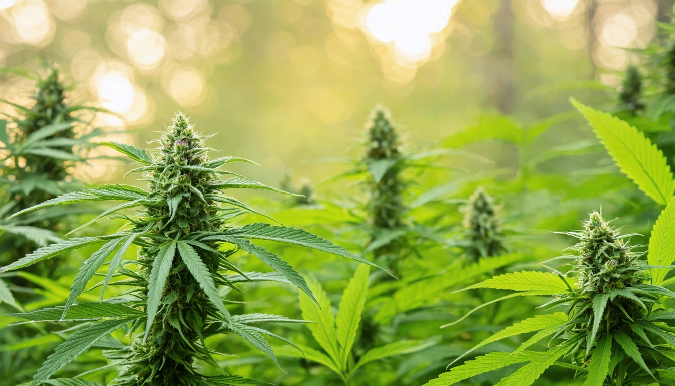 Green plants with pointed leaves and dense clusters, blurred background with soft yellow and green tones