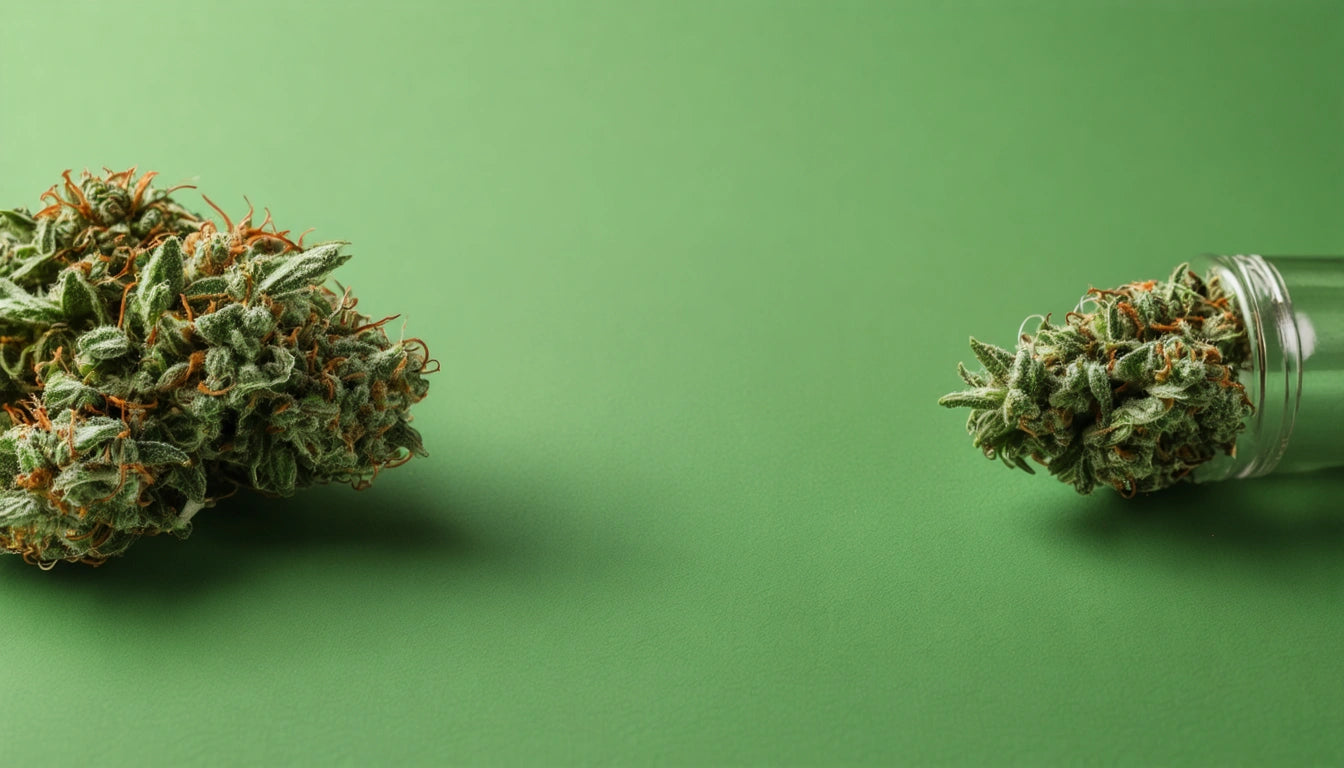 Two clusters of green plant buds with orange hairs on a green background, one inside a transparent jar