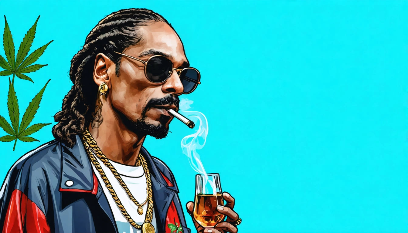 Man with braided hair and sunglasses smoking a cigar, holding a drink. Blue background with cannabis leaves on the left