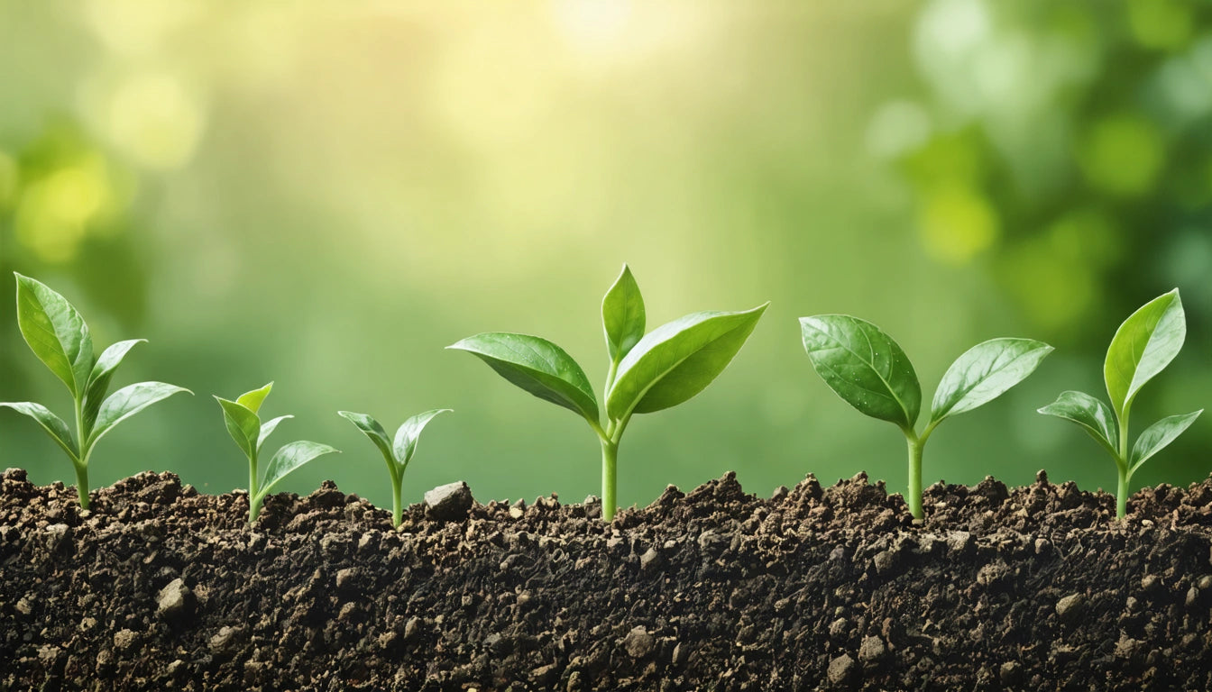 Young green plants sprouting from dark soil against a blurred green and yellow background