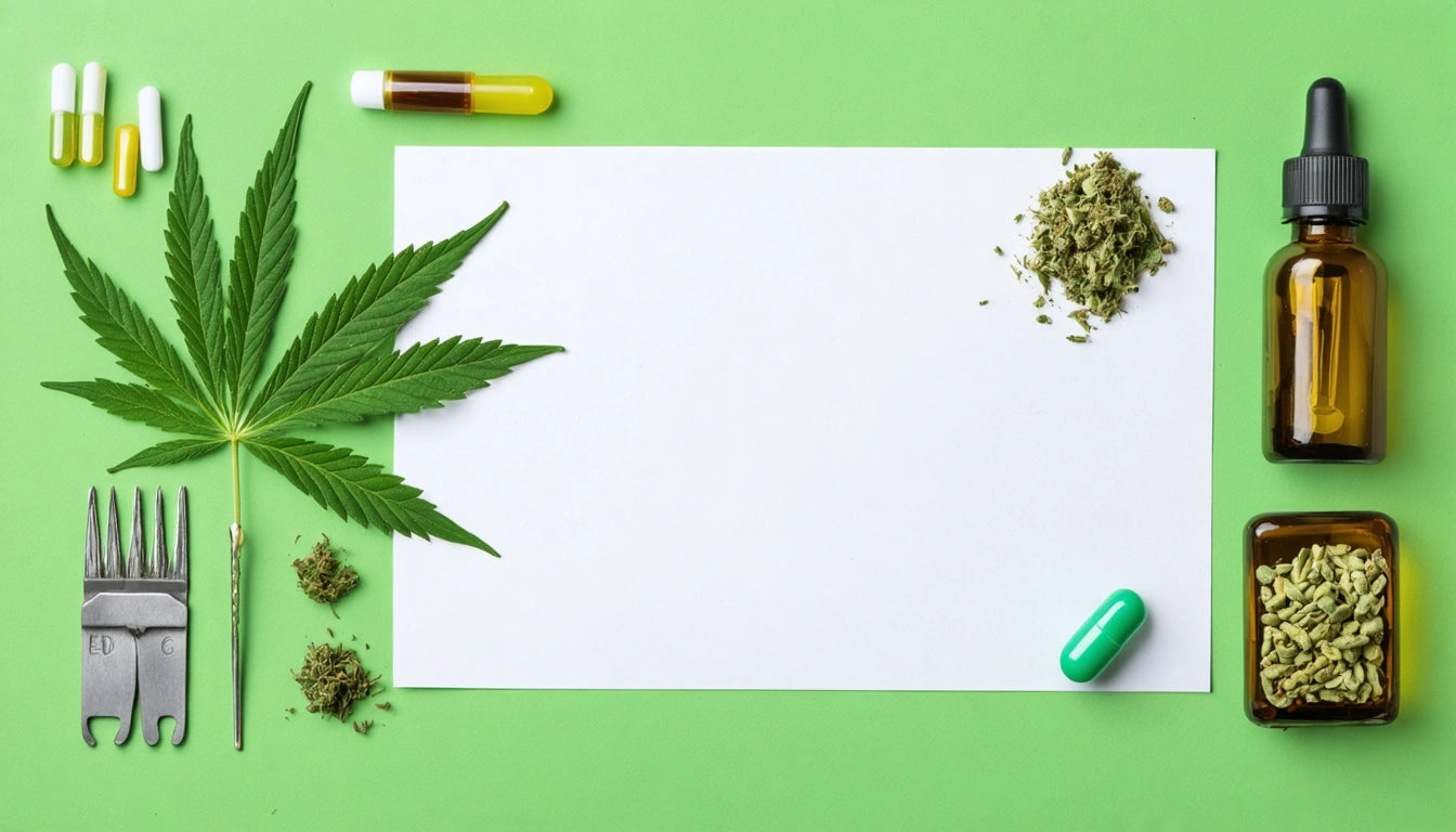 Green cannabis leaf, pills, dropper bottle, and scattered herbs on green background surrounding a blank white paper