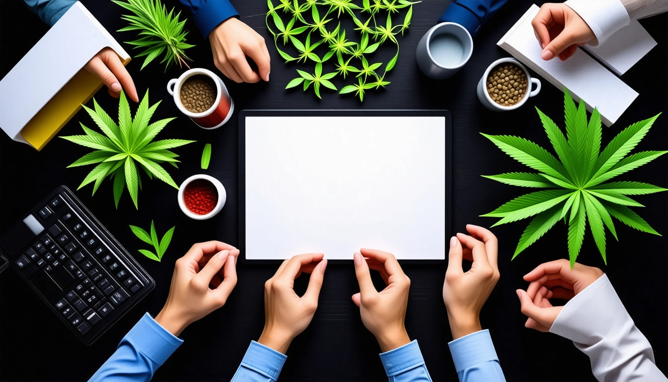 Hands around a blank paper, surrounded by coffee cups, notebooks, a keyboard, and green leaves on a dark table