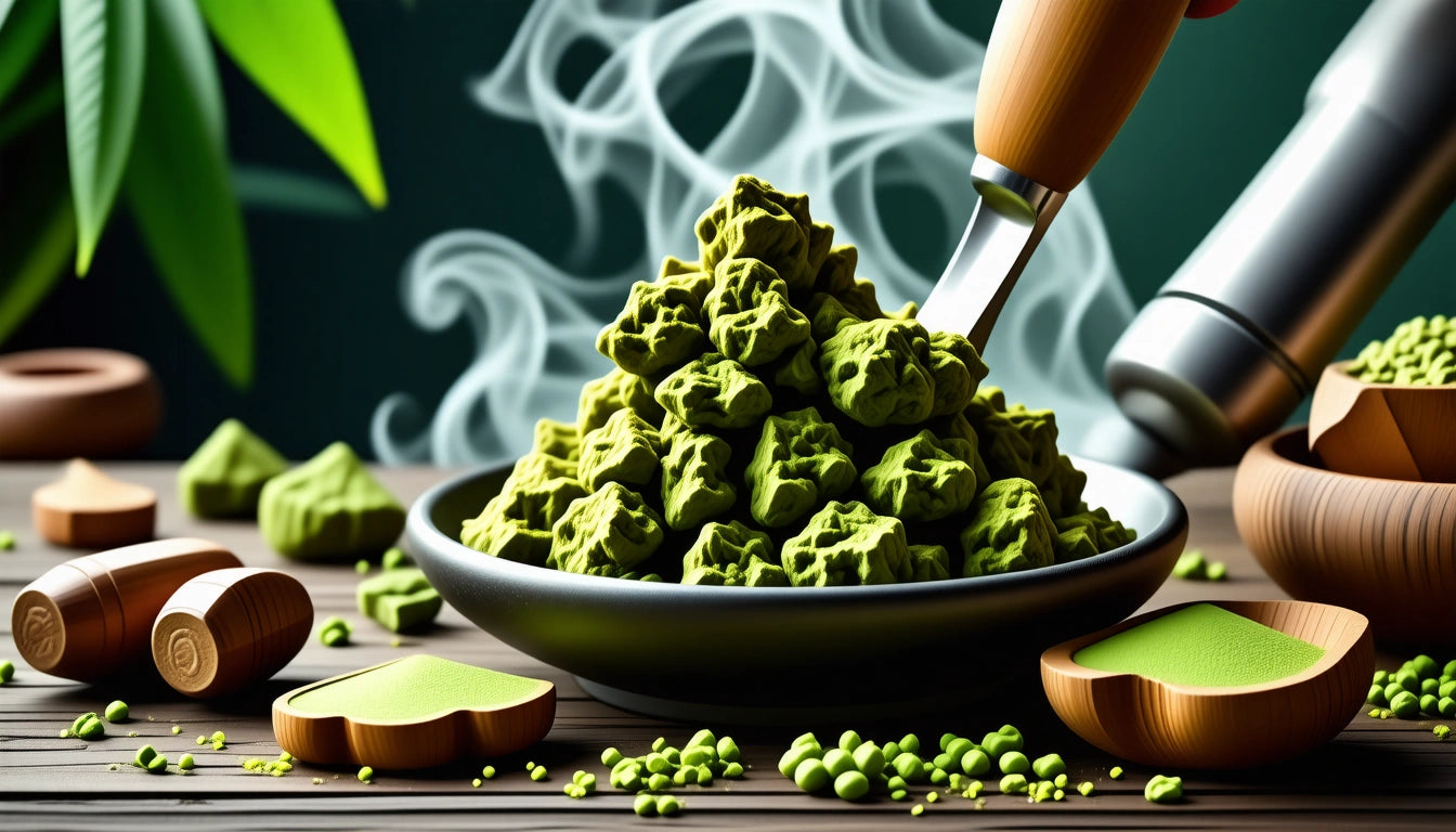 Green textured objects piled in a bowl with steam rising, surrounded by wooden containers and green powder on a wooden surface