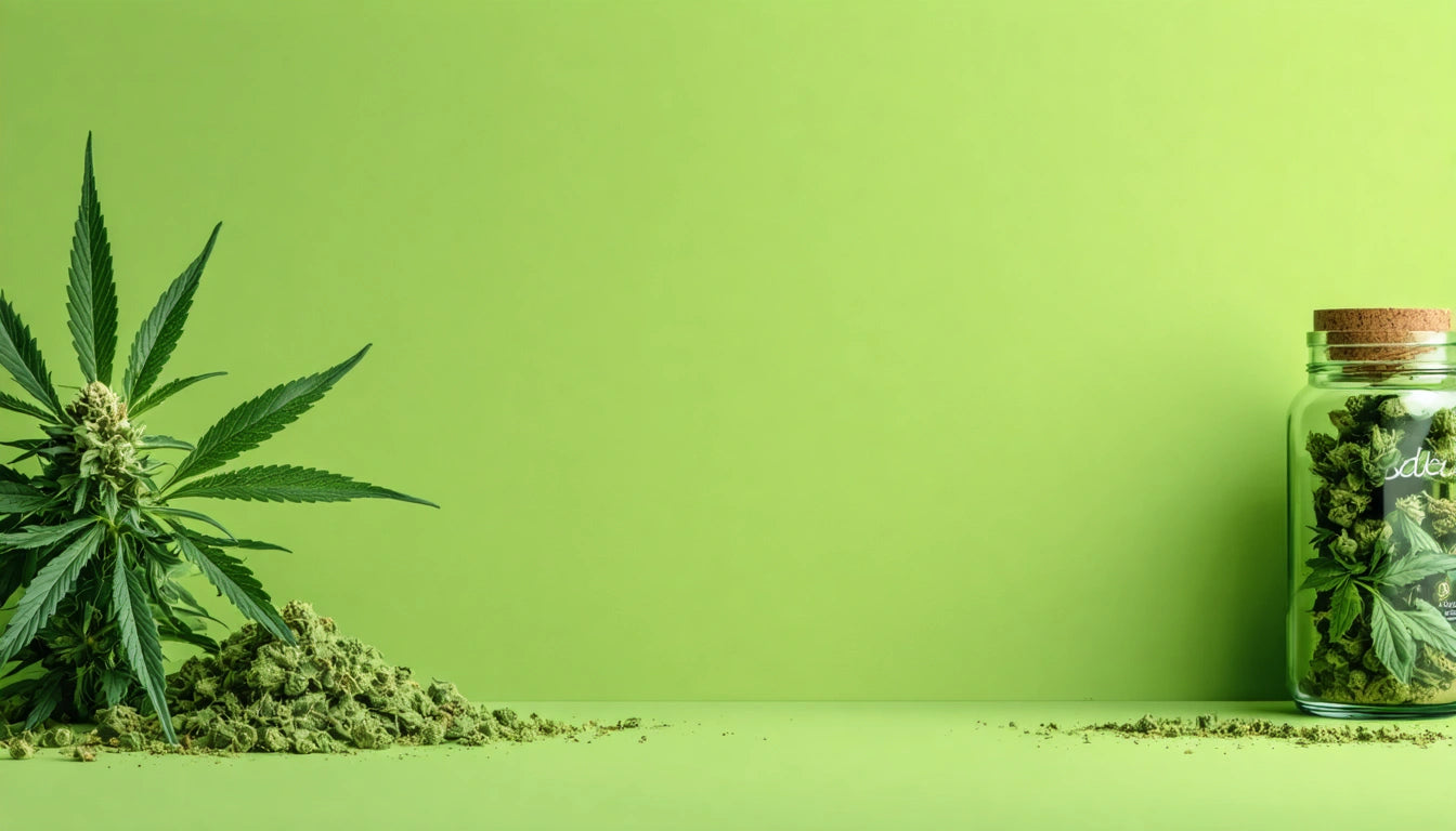 Green cannabis plant and pile of buds on left, glass jar with cork lid on right, against solid light green background