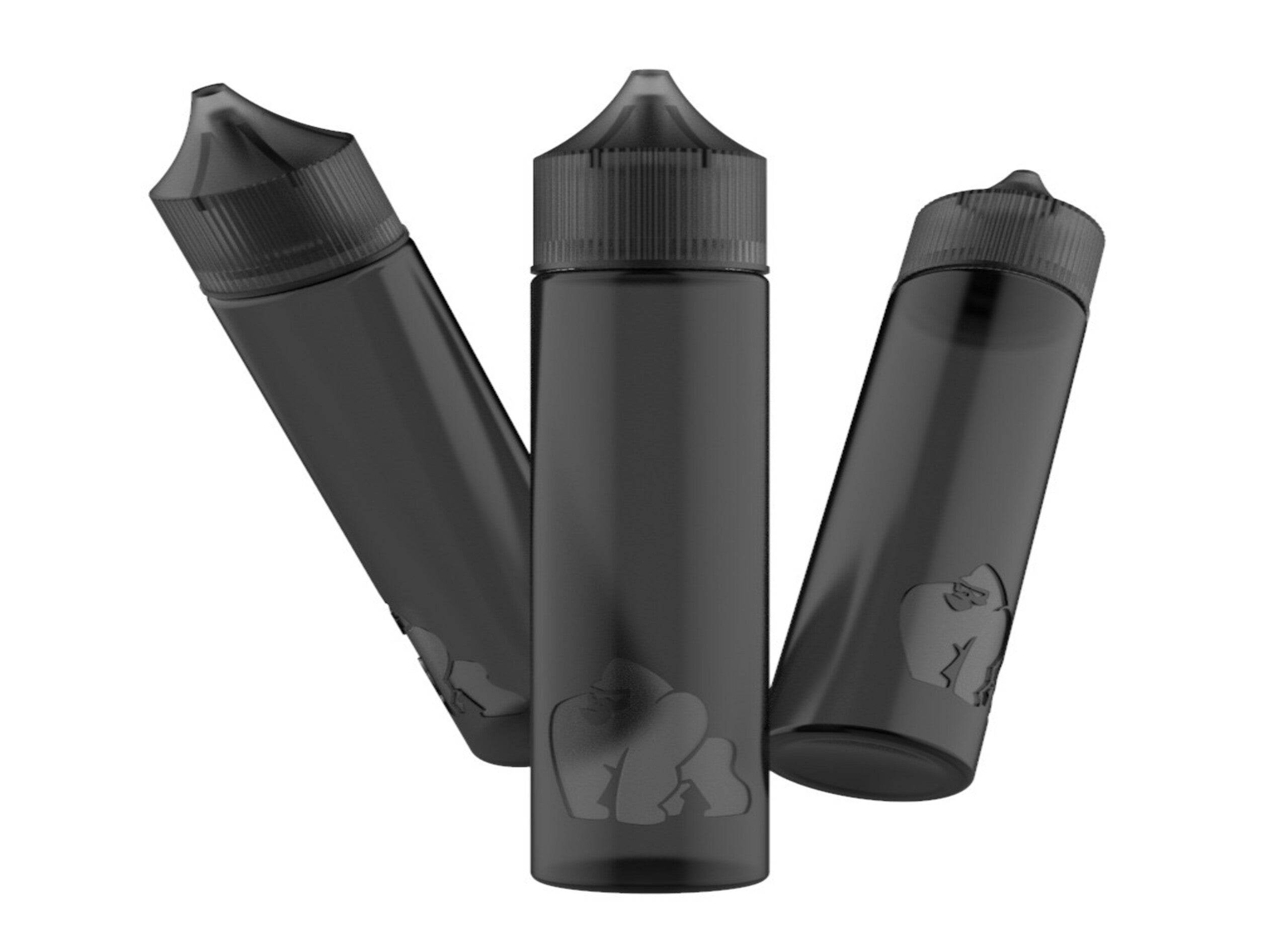 Two gorillas sitting on grass in a forest, each with a large green bottle beside them