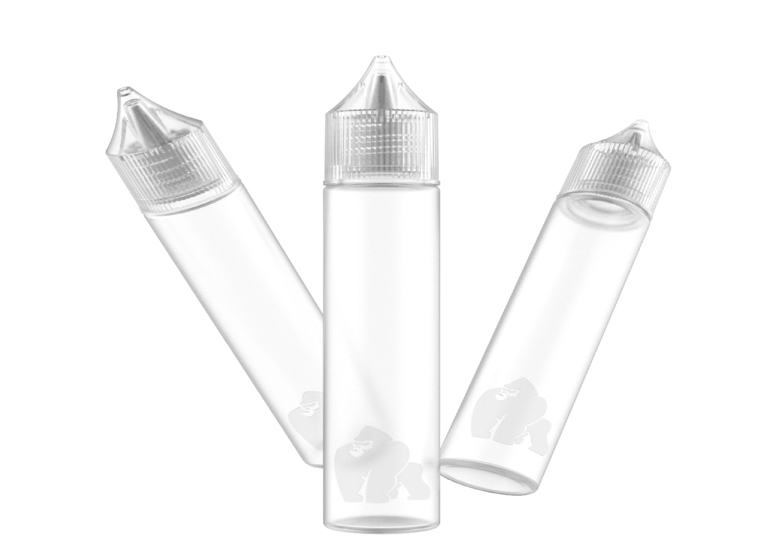 Toy gorilla beside three brown dropper bottles with black and white caps on a white surface, yellow background