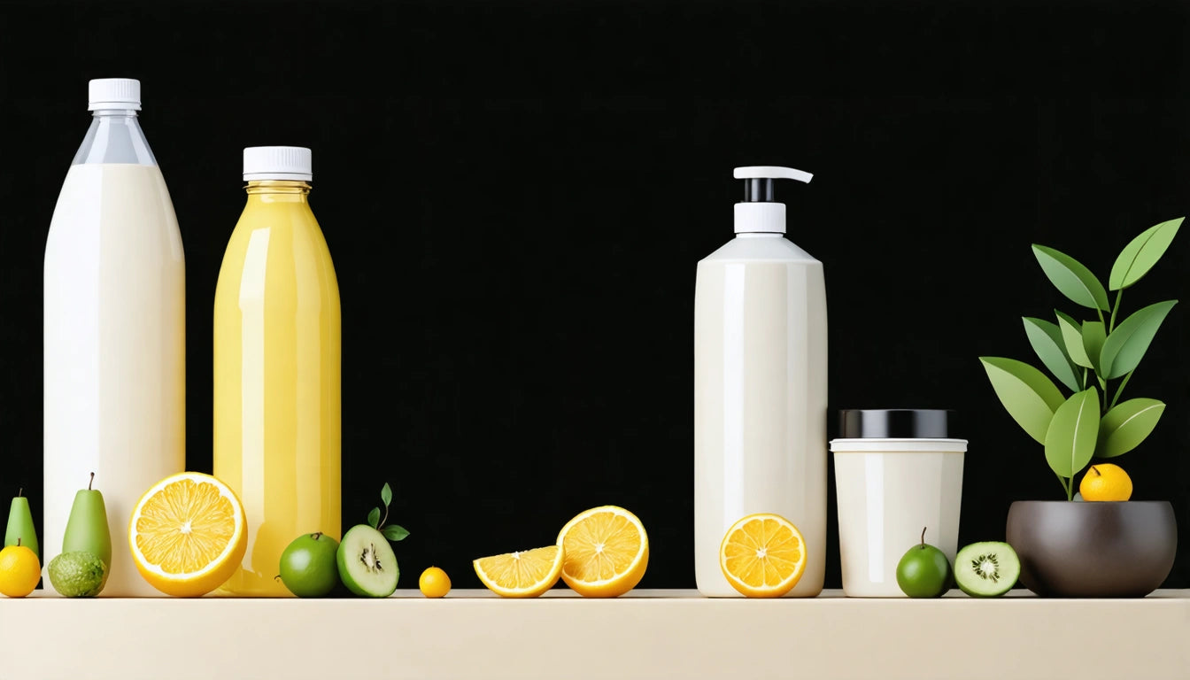 Bottles and containers with citrus fruits, kiwis, and pears on a beige surface against a black background