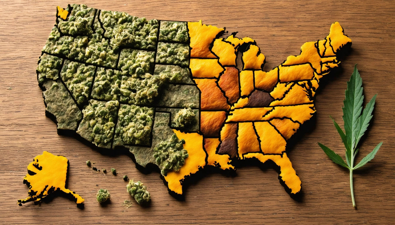 Map of the United States with western states textured like green buds, eastern states in orange, and a green leaf on the right
