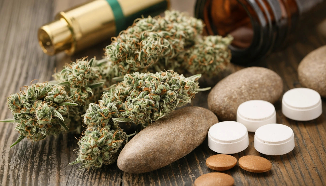 Dried plant buds, round white and brown pills, oval stones, and an open brown bottle on a wooden surface
