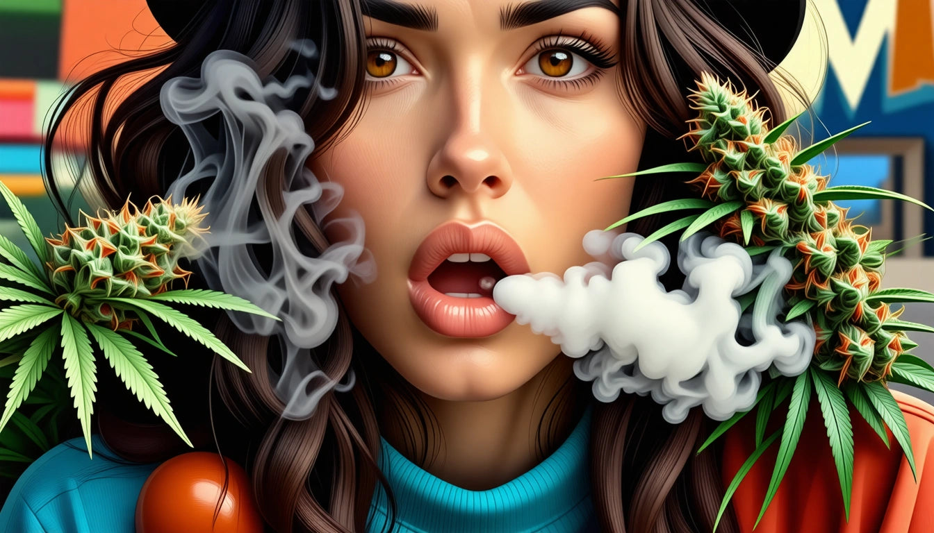 Woman with long dark hair blowing smoke, surrounded by green leaves and spiky plants, wearing a blue top and black hat