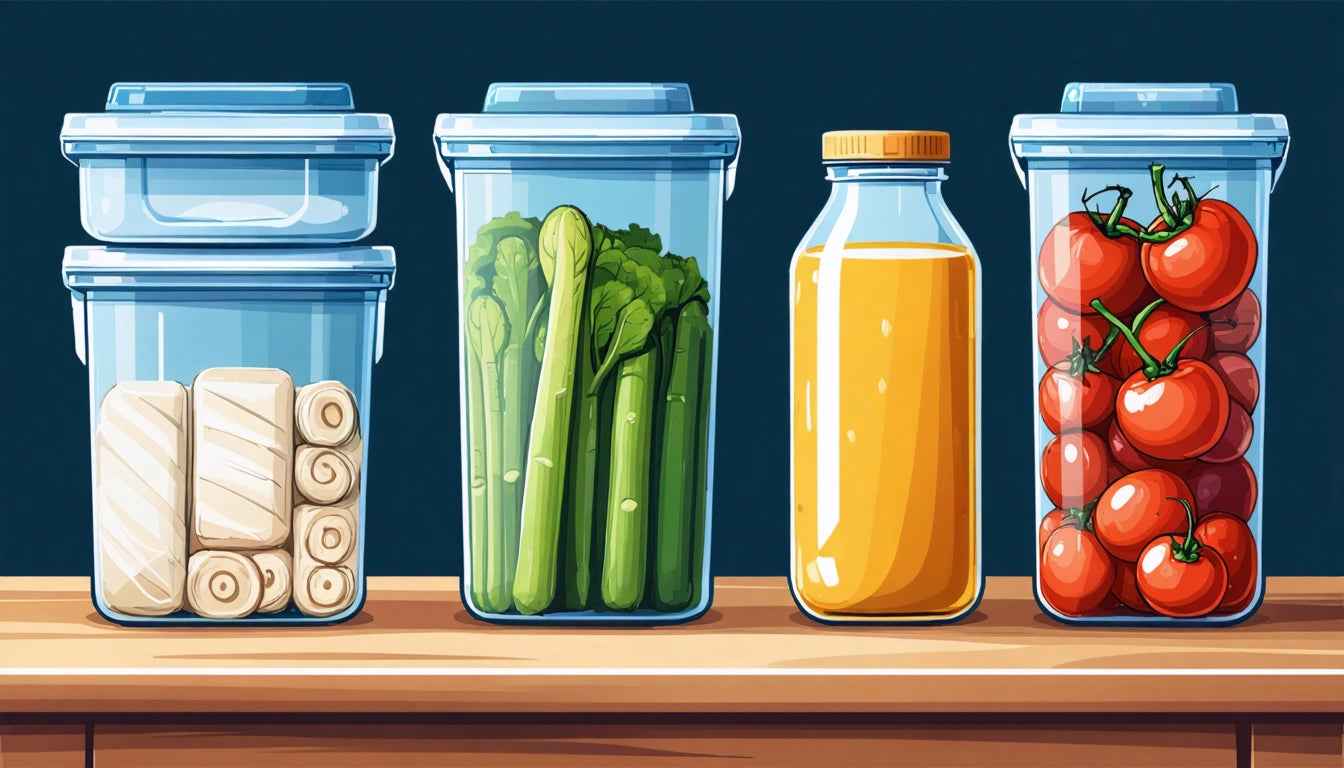 Four containers on a wooden surface: rolls, green vegetables, orange juice bottle, and tomatoes against a dark background