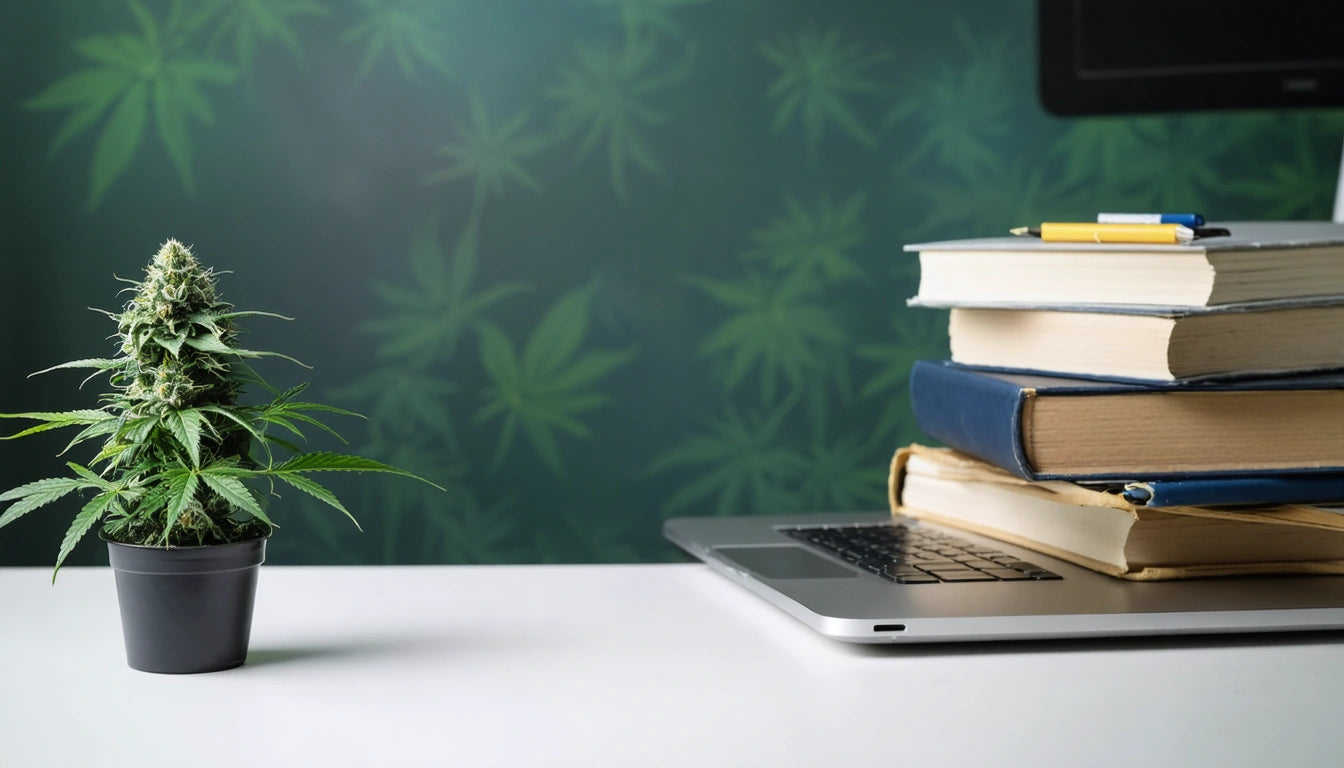 Potted plant with green leaves on white surface, laptop, and stack of books with pens against leafy green background