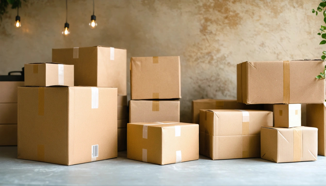 Stacked cardboard boxes on a concrete floor against a textured wall, with hanging light bulbs above
