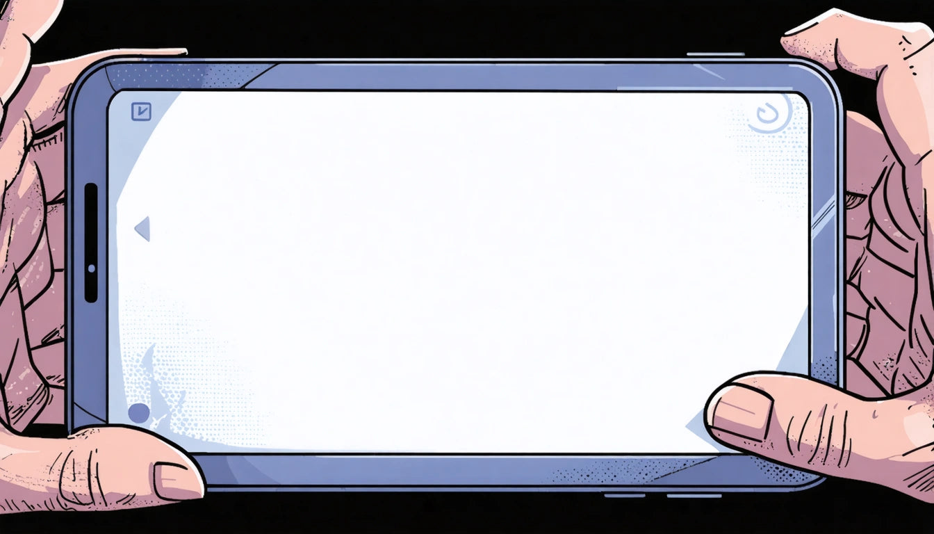 Hands holding a smartphone with a blank white screen, blue frame, and comic-style shading