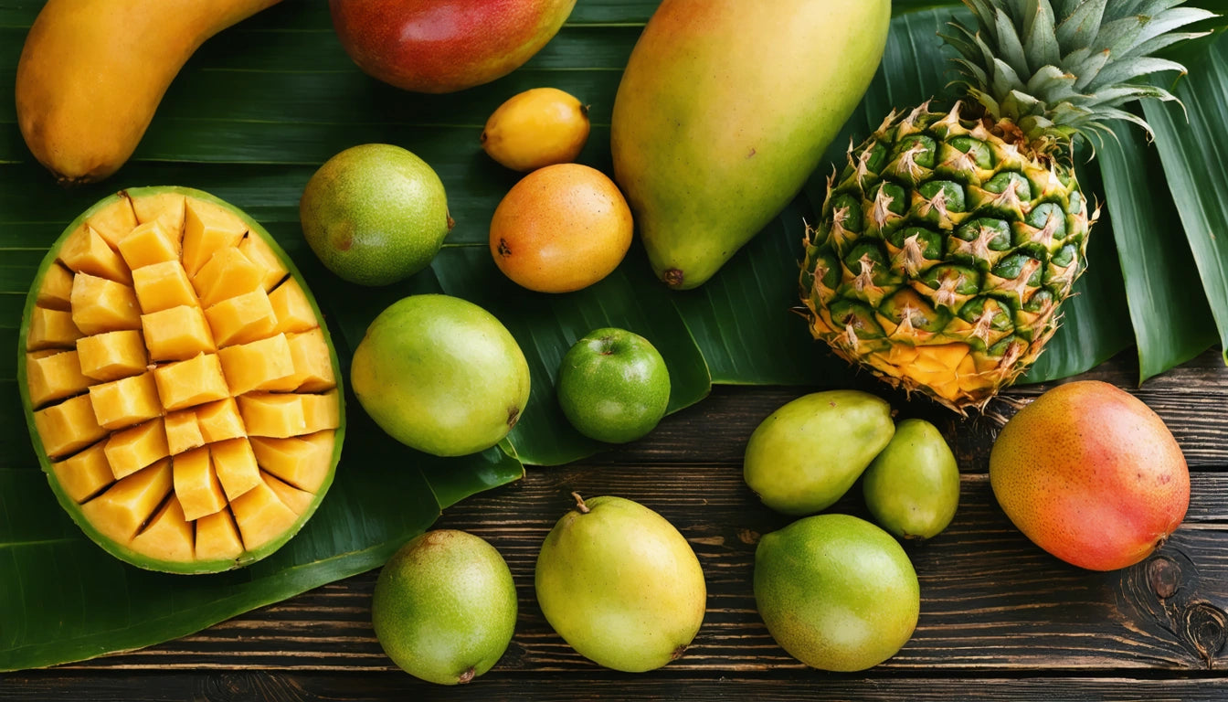 Sliced mango, whole mangoes, limes, pineapple, and papayas on green leaves over wooden surface