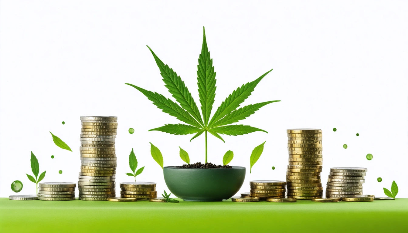 Stacks of gold and silver coins flank a green bowl with a large cannabis leaf, set against a white background