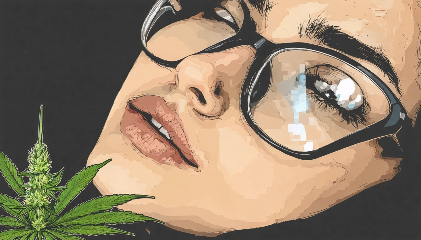 Woman with glasses, close-up, looking upward. Glossy lips, dark eyebrows, and a plant with green leaves in the foreground