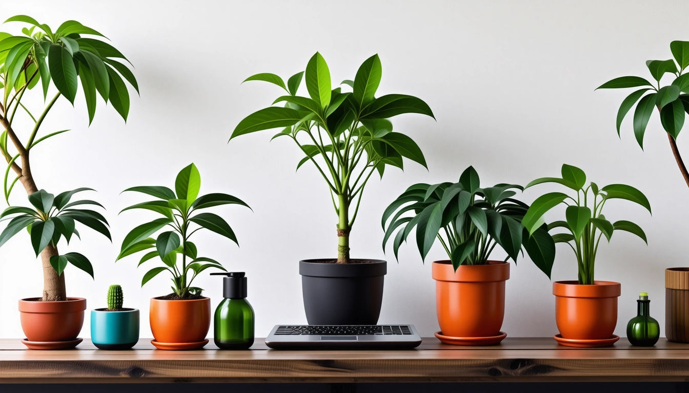 Five potted plants on a wooden table, with a small green spray bottle and a closed laptop in the center