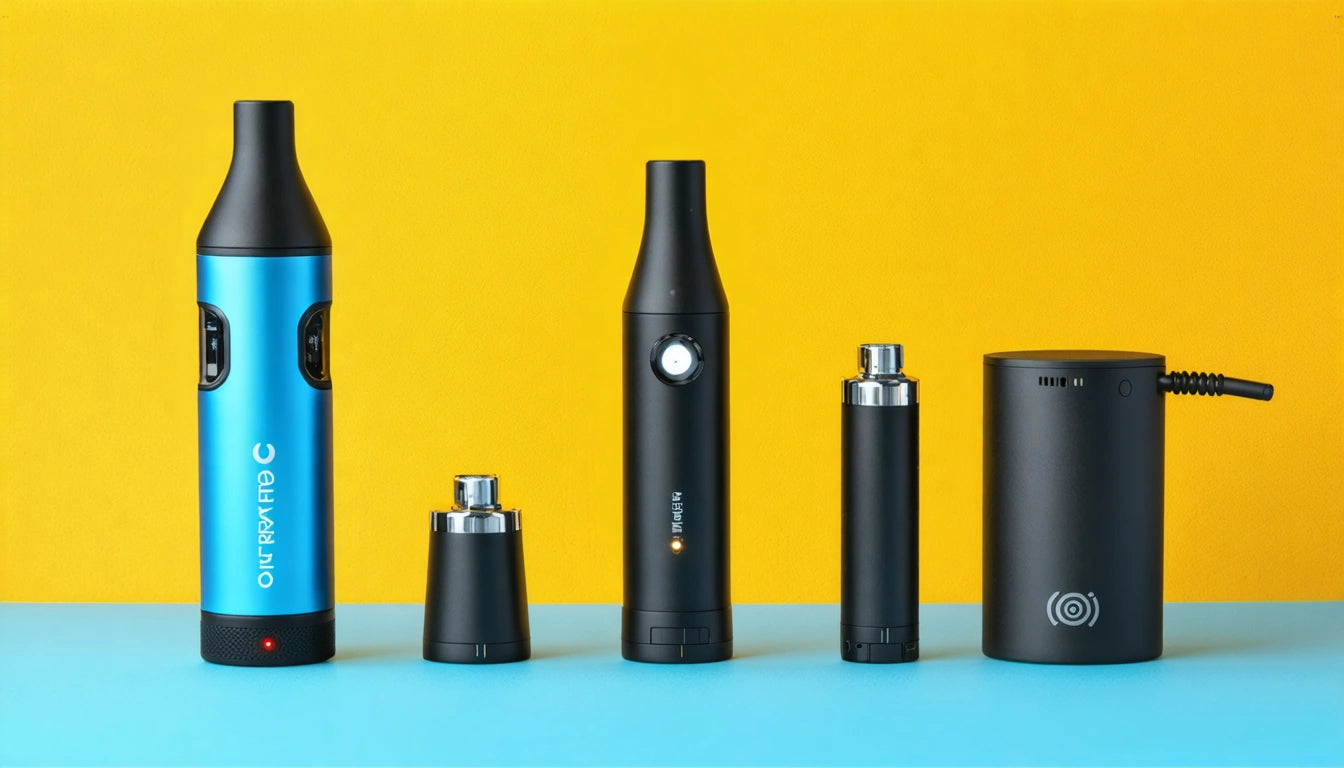 Five electronic devices in a row on a blue surface against a yellow background; one blue, four black, varying in height and design