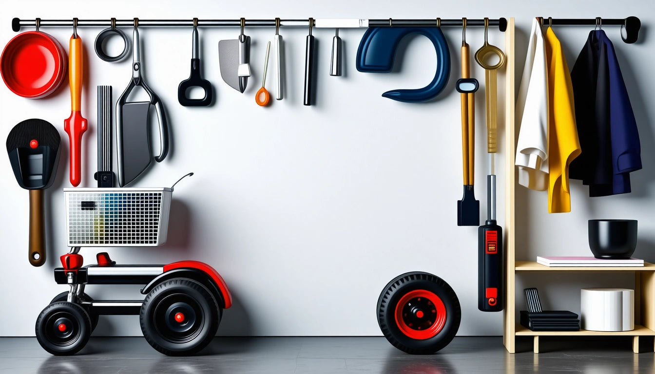 Various tools and utensils hanging on a wall, tricycle and shopping basket below, clothes and bowls on a shelf to the right