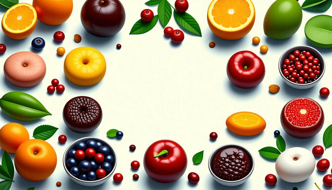 Various fruits and desserts arranged in a circle on a white background, including apples, oranges, cherries, and bowls of berries