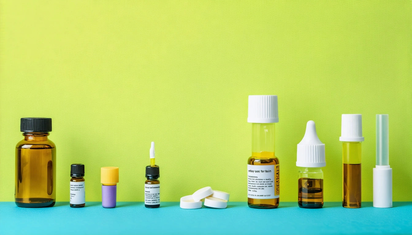 Various medicine bottles, droppers, and pills on a blue surface against a green background