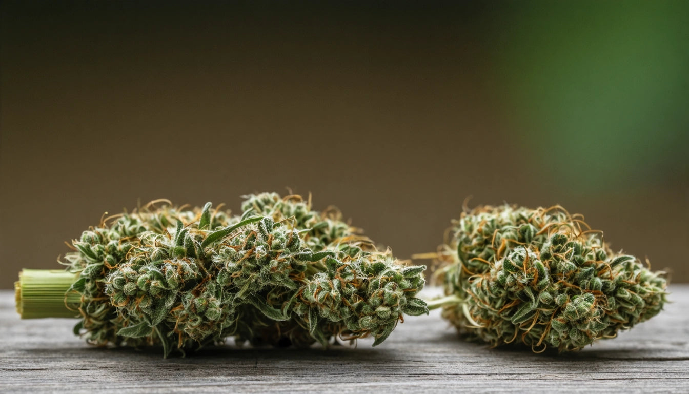 Two dense, green and brown plant buds with fine hairs on a wooden surface, blurred background