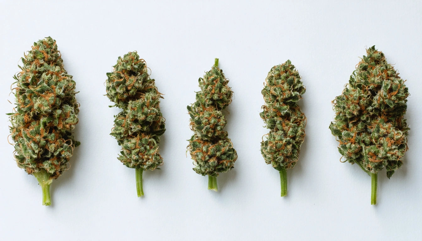 Five green and orange buds with stems arranged in a row on a white background