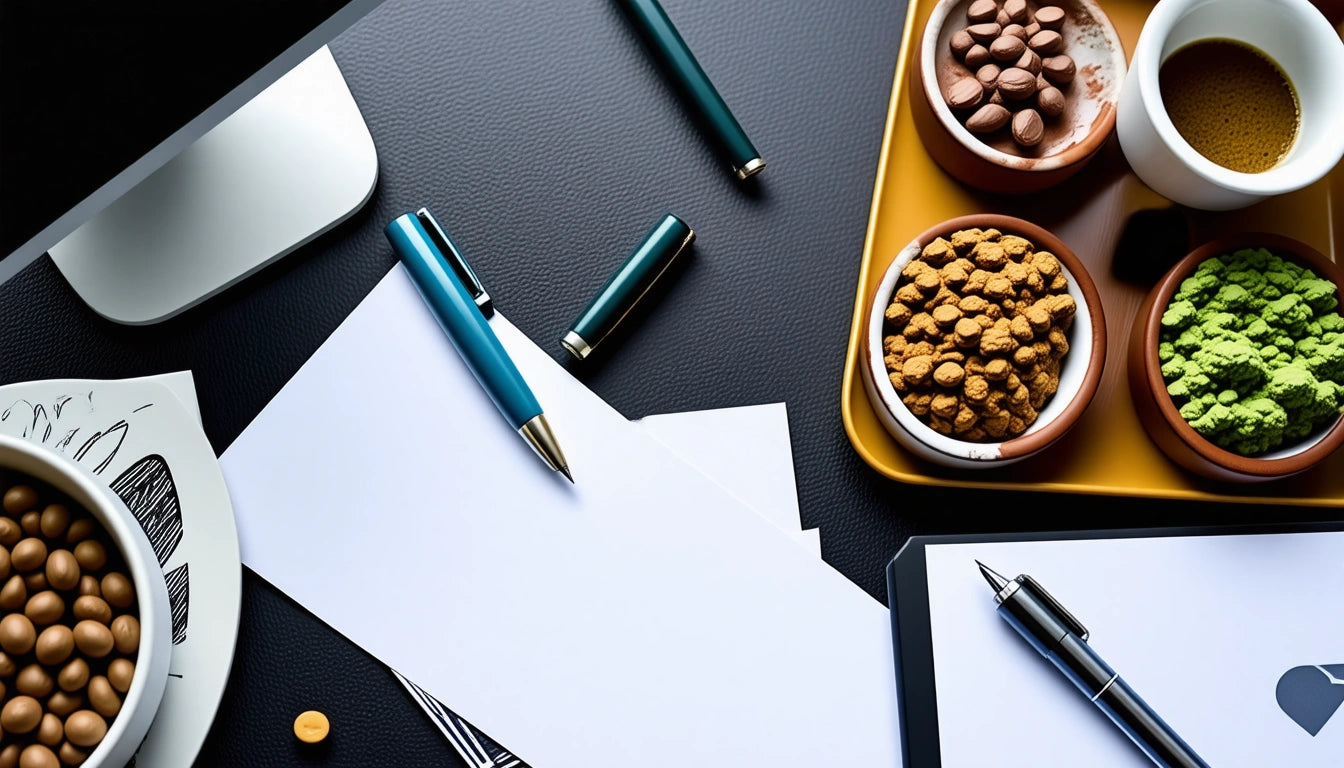 Desk with scattered papers, blue pens, and a tablet. Bowls of snacks and a cup on a yellow tray