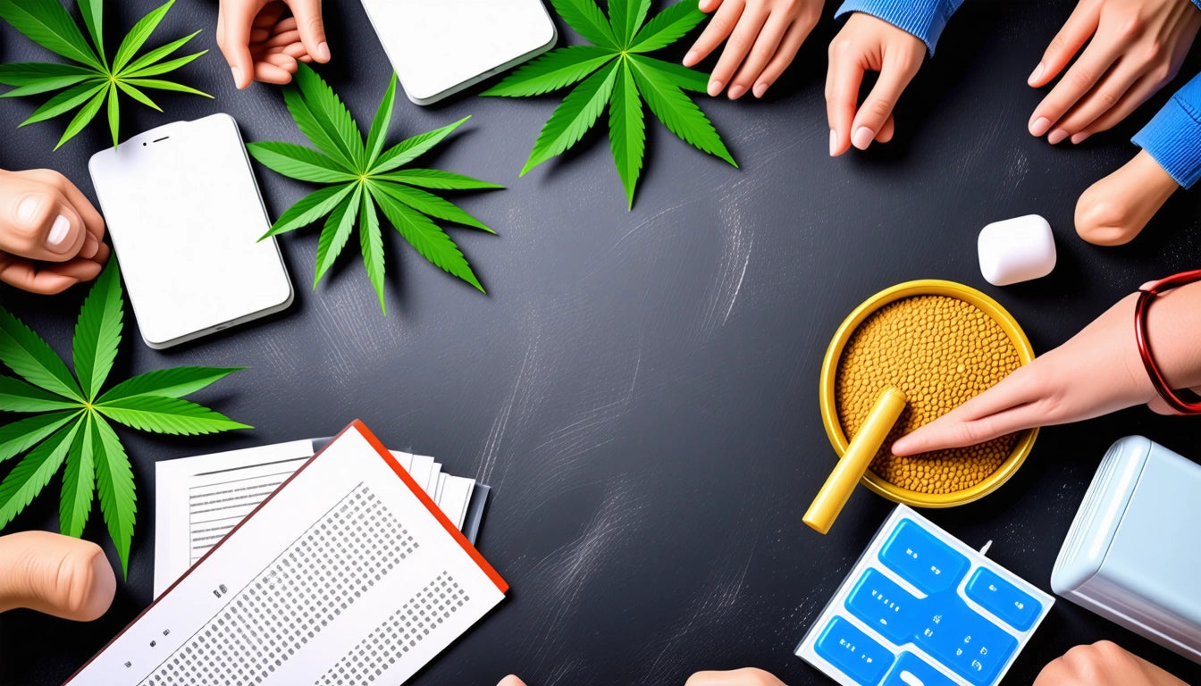 Hands reaching towards a bowl of yellow beads, surrounded by green leaves, a book, a smartphone, and a blue grid card on a dark surface