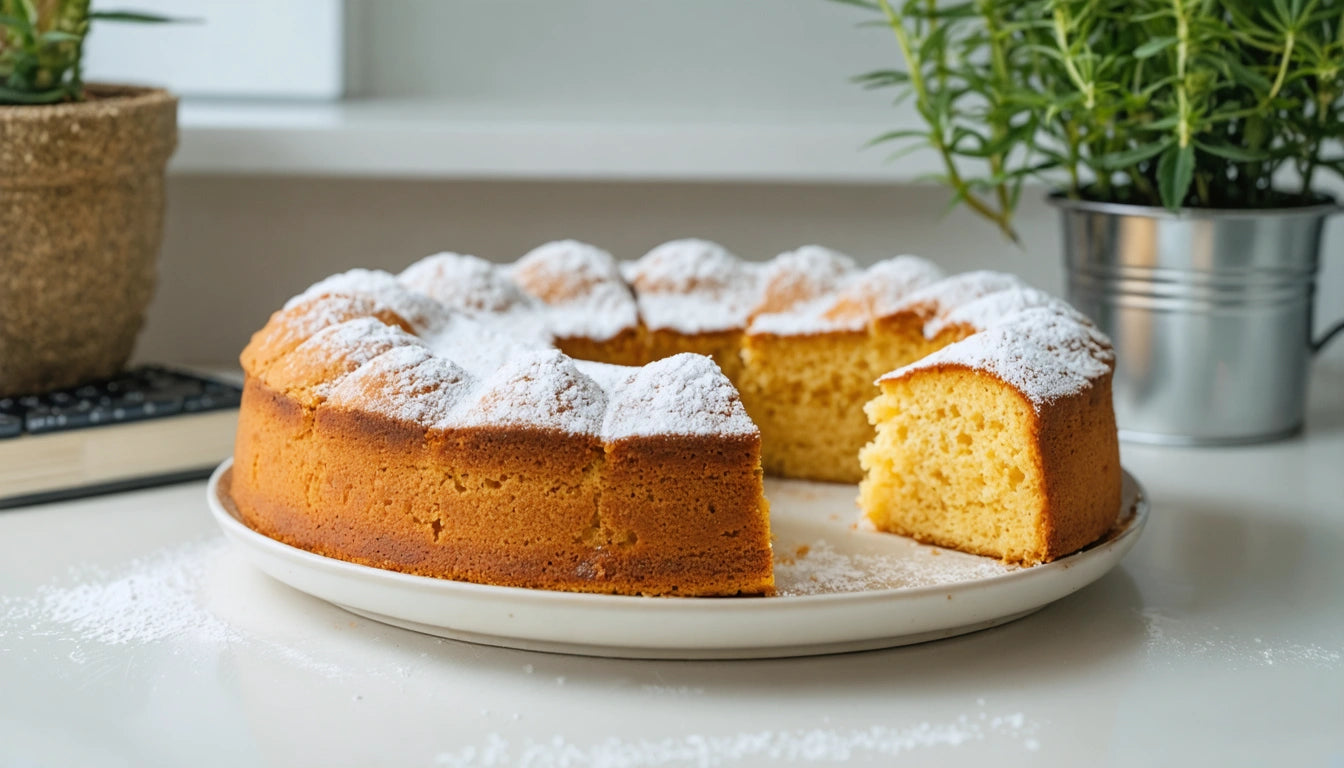 Round cake with powdered sugar on top, one slice missing, on a white plate; potted plants in the background