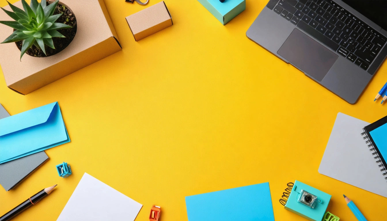 Laptop, boxes, plant, and stationery items arranged on a bright yellow surface